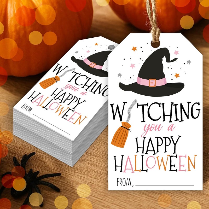 HandEasy 50 Pcs Halloween Tags with String, 2.1"×3.5" Witch Hat Paper Gifts Tags, Trick or Treat for Candy, Happy Halloween Gifts Tag Wrap for Party Favor - B04 - Image 1